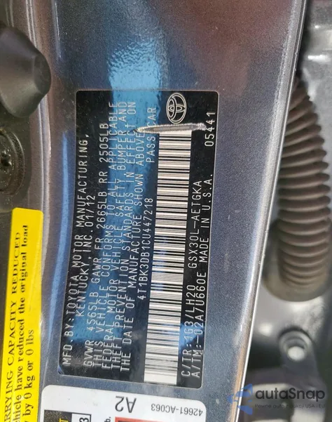 2012 Toyota Avalon Base из США, поврежденный, VIN 4T1BK3DB1CU447218